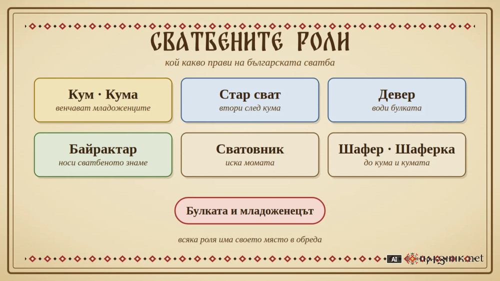 Сватбените роли: кум, стар сват, девер и байрактар
