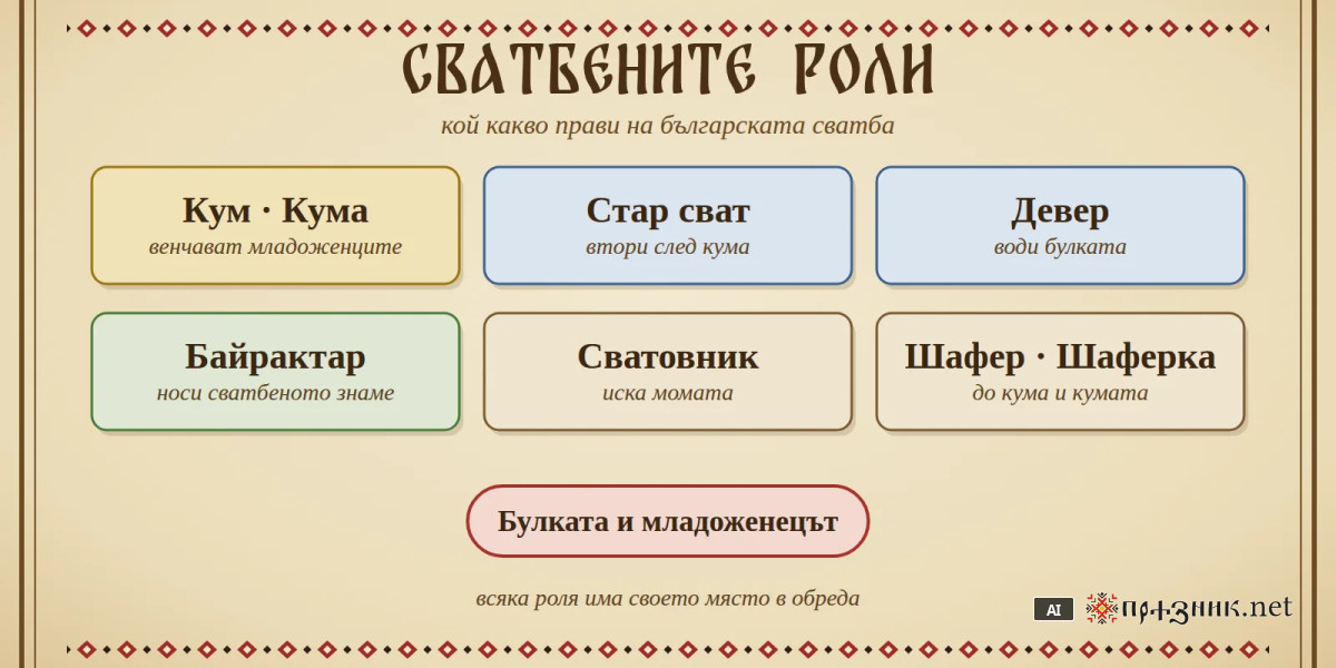 Сватбените роли: кум, стар сват, девер и байрактар