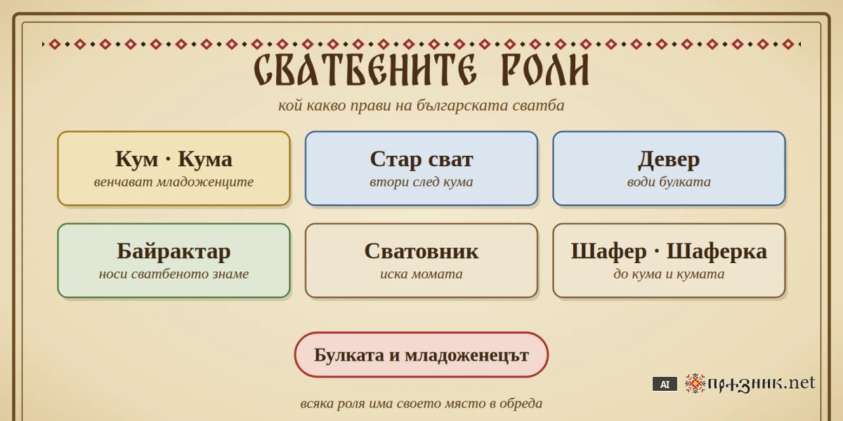 Сватбените роли: кум, стар сват, девер и байрактар